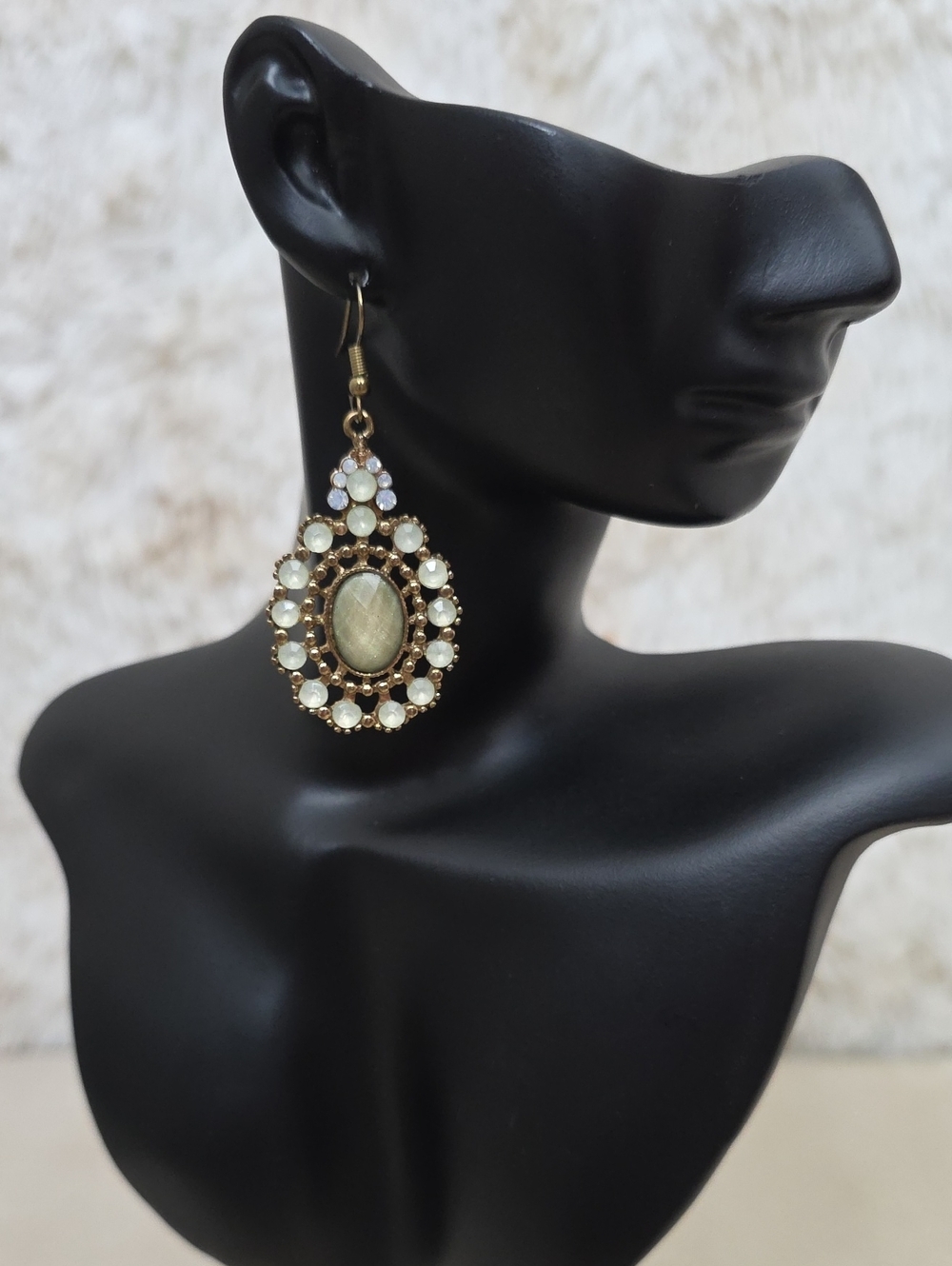 Vintage Style Gold Tone Statement Drop Earrings Milky Cabochon & Rhinestones